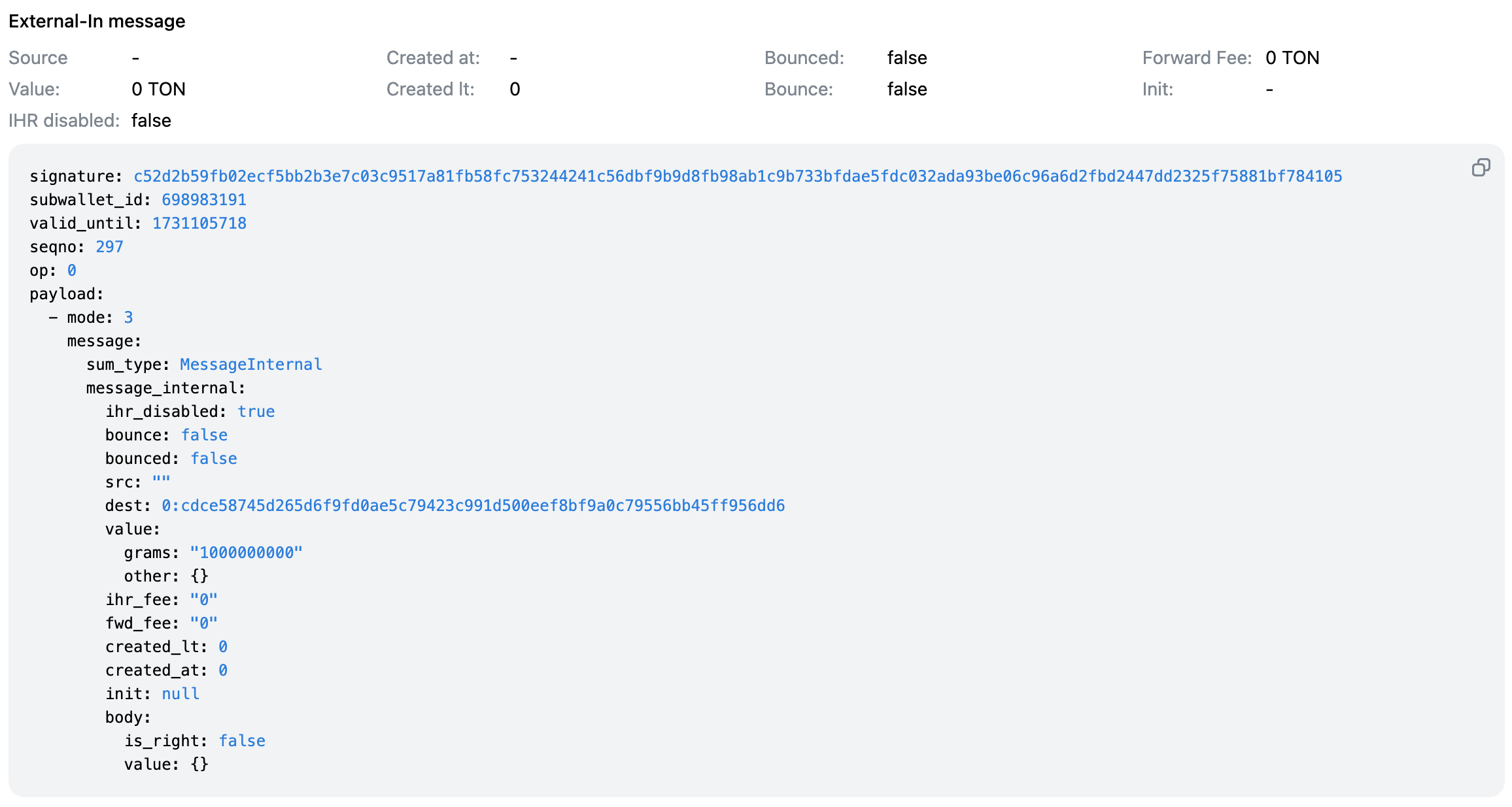 Example decoded external message